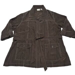 Zenergy by Chicos 100% Silk Women’s Full Zip Belted Brown Top Jacket Sz 8 casual
